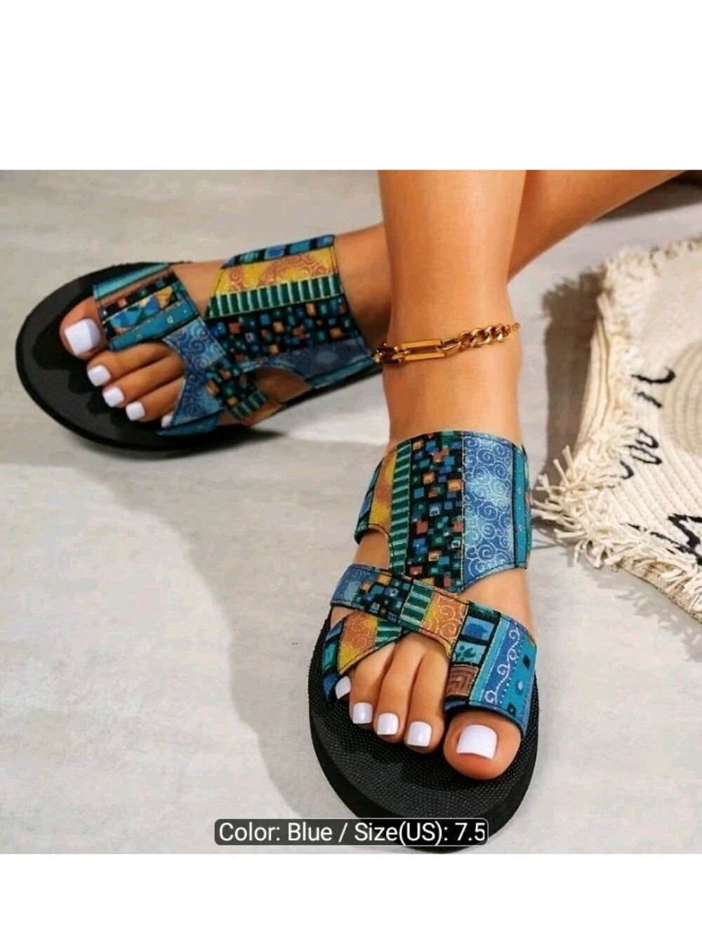 Blue Patterned Women's Strappy Comfort Bohemian Sandals 7.5